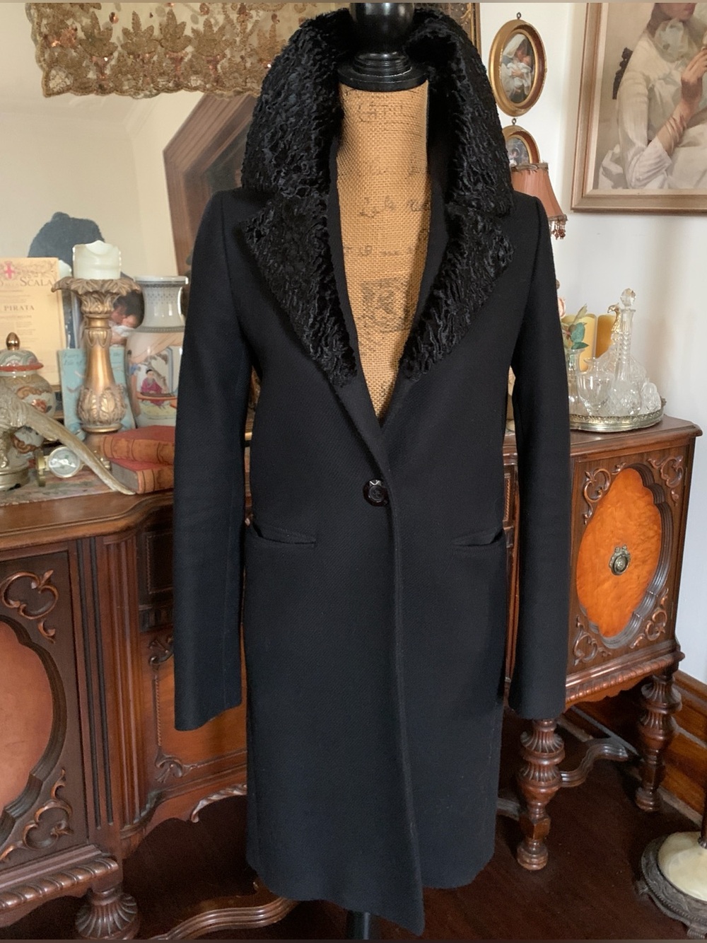 Vintage Boho Gothic Victorian-inspired Wool Mx Blazer w Faux Persian Lamb Collar